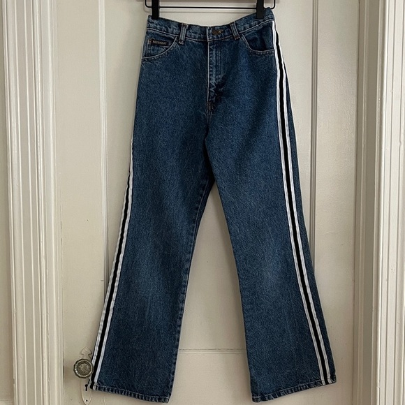90s Vintage 100% Cotton Rigid Flare Jeans High Rise Sporty Stripe Denim Sz 0 / 1 - Picture 13 of 13